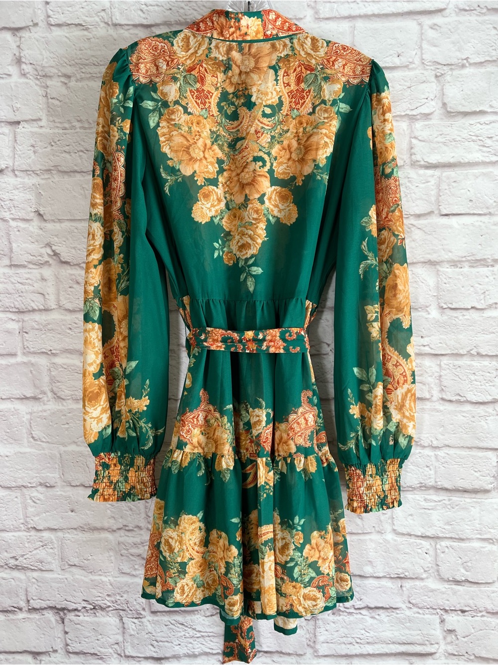 Flying Tomato Green Floral Tie-Waist Long Sleeve Mini Shirtdress Size M - Picture 10 of 16